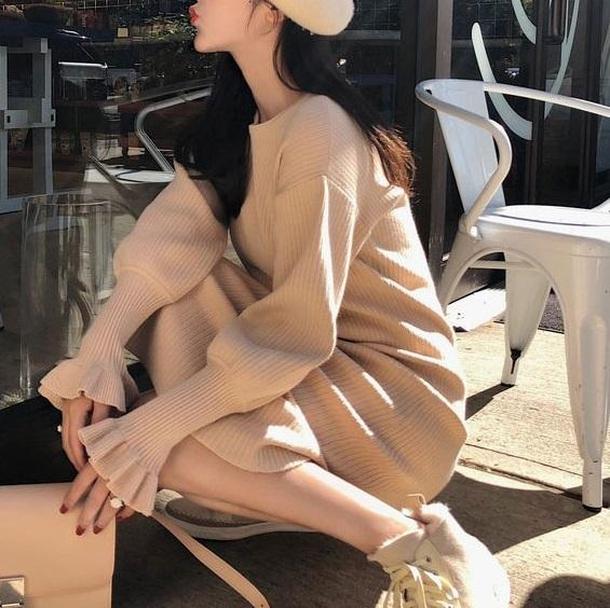 リーフスリーブニットワンピ 4049-beige_お取り寄せ40491-画像1-韓国ファッション通販POPREA［ポップリア］