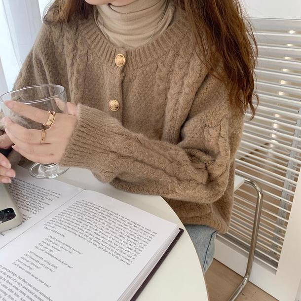 ニットラウンドネックカーディガン 4055-beige_お取り寄せ40552-画像2-韓国ファッション通販POPREA［ポップリア］