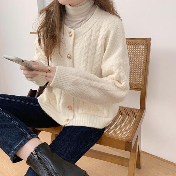 ニットラウンドネックカーディガン 4055-ivory_お取り寄せ40553-画像3-韓国ファッション通販POPREA［ポップリア］