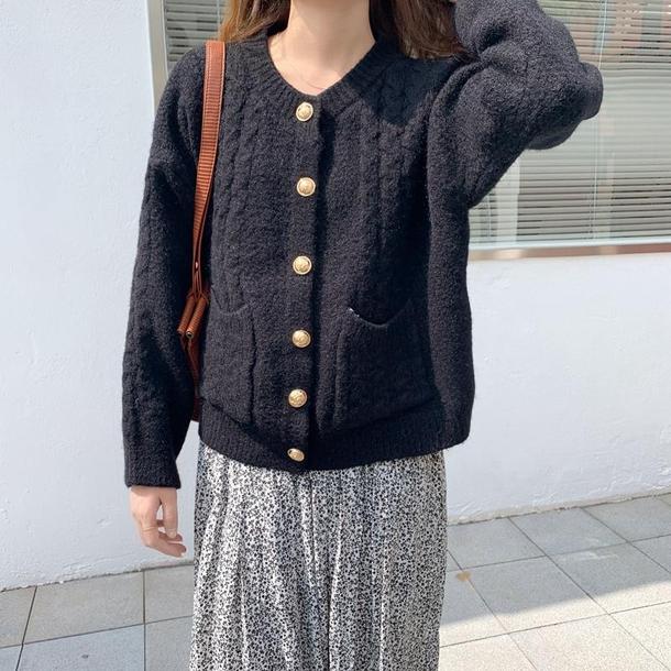 ニットラウンドネックカーディガン 4055-black_お取り寄せ40554-画像4-韓国ファッション通販POPREA［ポップリア］