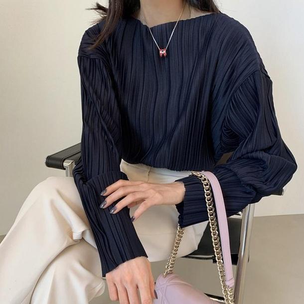シックプリーツブラウス 4081-navy_お取り寄せ40812-画像3-韓国ファッション通販POPREA［ポップリア］