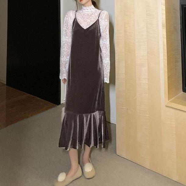 ベロアマーメイドキャミワンピ 4085-light-brown_お取り寄せ40852-画像12-韓国ファッション通販POPREA［ポップリア］