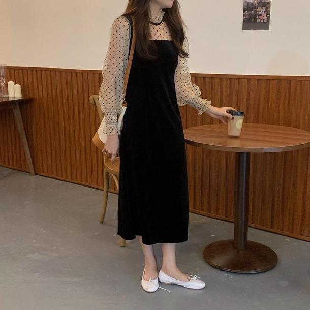 レイヤード風ドットベルベットワンピ 4099-お取り寄せ4099-画像10-韓国ファッション通販POPREA［ポップリア］