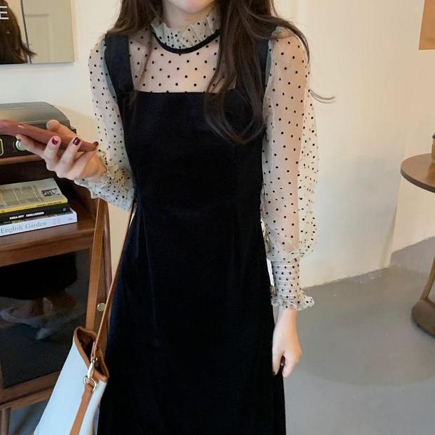 レイヤード風ドットベルベットワンピ 4099-お取り寄せ4099-画像11-韓国ファッション通販POPREA［ポップリア］