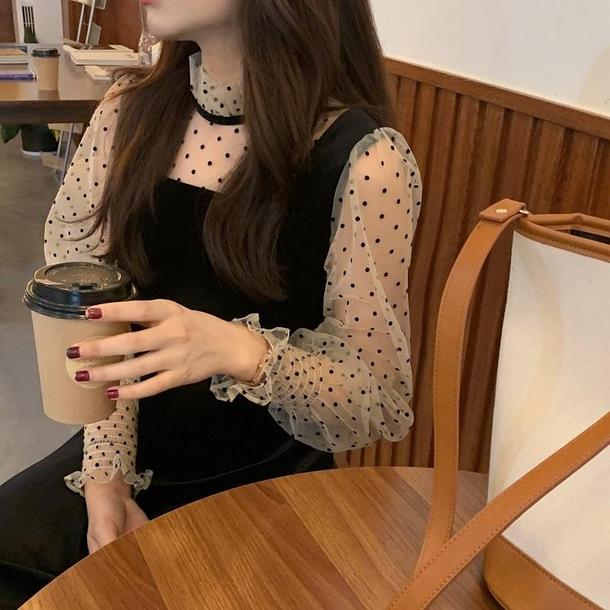 レイヤード風ドットベルベットワンピ 4099-お取り寄せ4099-画像12-韓国ファッション通販POPREA［ポップリア］