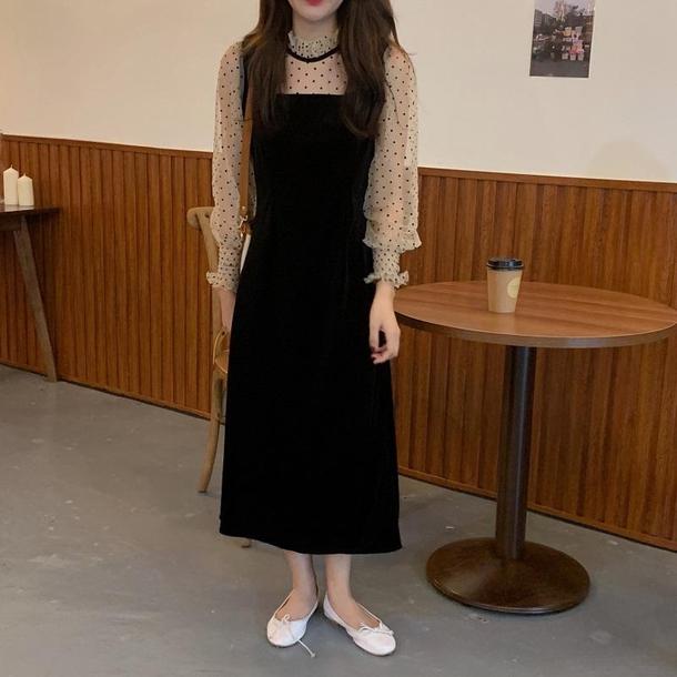 レイヤード風ドットベルベットワンピ 4099-お取り寄せ4099-画像2-韓国ファッション通販POPREA［ポップリア］
