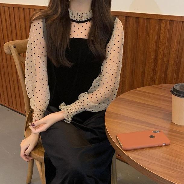 レイヤード風ドットベルベットワンピ 4099-お取り寄せ4099-画像3-韓国ファッション通販POPREA［ポップリア］