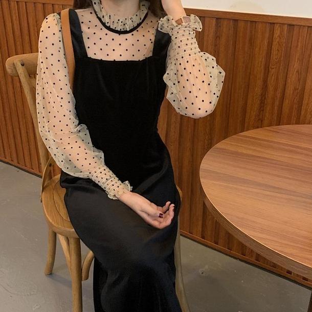 レイヤード風ドットベルベットワンピ 4099-お取り寄せ4099-画像5-韓国ファッション通販POPREA［ポップリア］