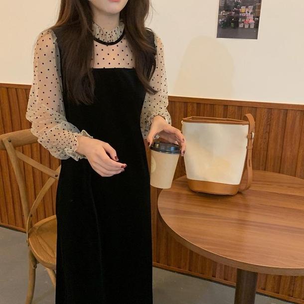 レイヤード風ドットベルベットワンピ 4099-お取り寄せ4099-画像6-韓国ファッション通販POPREA［ポップリア］