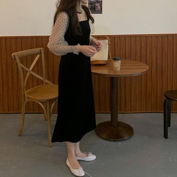 レイヤード風ドットベルベットワンピ 4099-お取り寄せ4099-画像7-韓国ファッション通販POPREA［ポップリア］