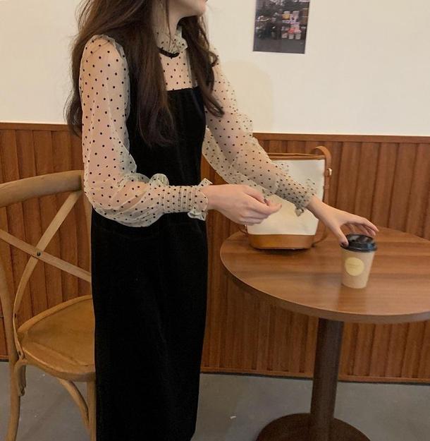 レイヤード風ドットベルベットワンピ 4099-お取り寄せ4099-画像8-韓国ファッション通販POPREA［ポップリア］