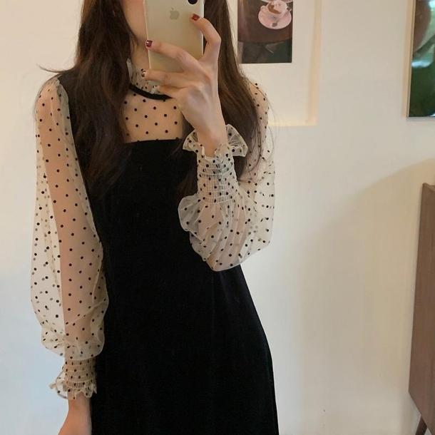 レイヤード風ドットベルベットワンピ 4099-お取り寄せ4099-画像1-韓国ファッション通販POPREA［ポップリア］