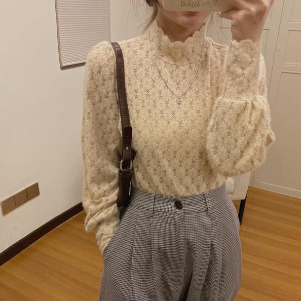ハイカラーレーストップス 4112-beige_お取り寄せ41121-画像1-韓国ファッション通販POPREA［ポップリア］