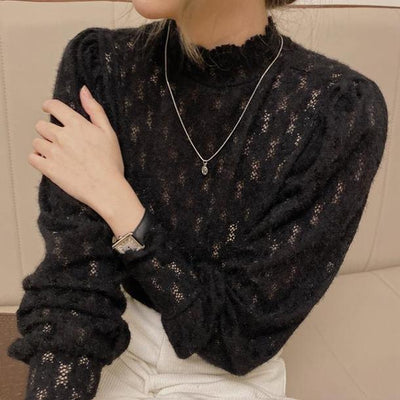 ハイカラーレーストップス 4112-black_お取り寄せ41122-画像2-韓国ファッション通販POPREA［ポップリア］