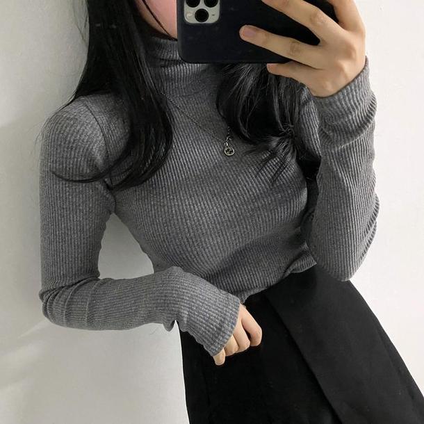 ハイネックストレッチリブニット 4113-gray_お取り寄せ41132-画像2-韓国ファッション通販POPREA［ポップリア］