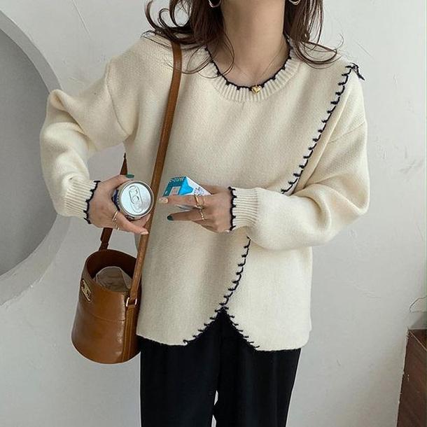 イレギュラーフリルニット 4119-ivory_お取り寄せ41191-画像1-韓国ファッション通販POPREA［ポップリア］