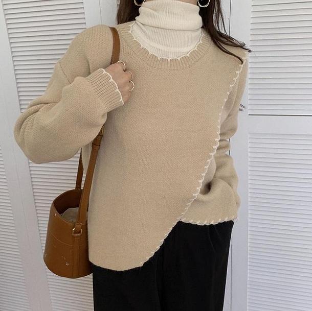 イレギュラーフリルニット 4119-light-beige_お取り寄せ41192-画像2-韓国ファッション通販POPREA［ポップリア］