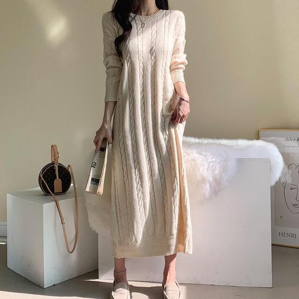 ツイストニットロングドレス 4137-ivory_お取り寄せ41371-画像1-韓国ファッション通販POPREA［ポップリア］