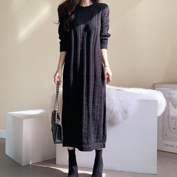 ツイストニットロングドレス 4137-black_お取り寄せ41372-画像2-韓国ファッション通販POPREA［ポップリア］