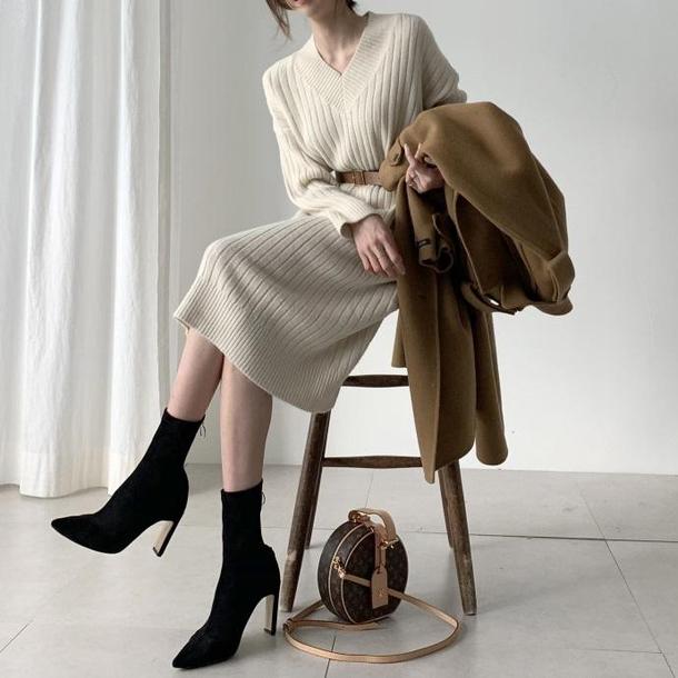 Vネックストレートニットワンピ 4166-ivory_お取り寄せ41661-画像1-韓国ファッション通販POPREA［ポップリア］