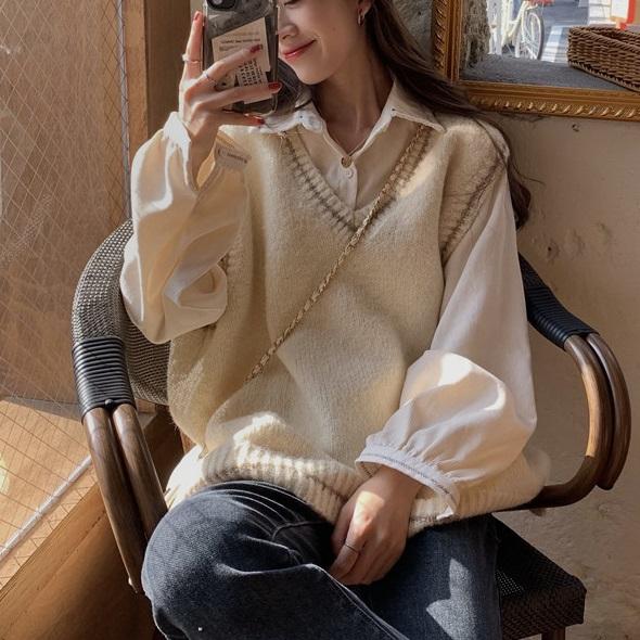 Vネックラインニット＆ルーズシャツ 4190-お取り寄せ4190-画像10-韓国ファッション通販POPREA［ポップリア］