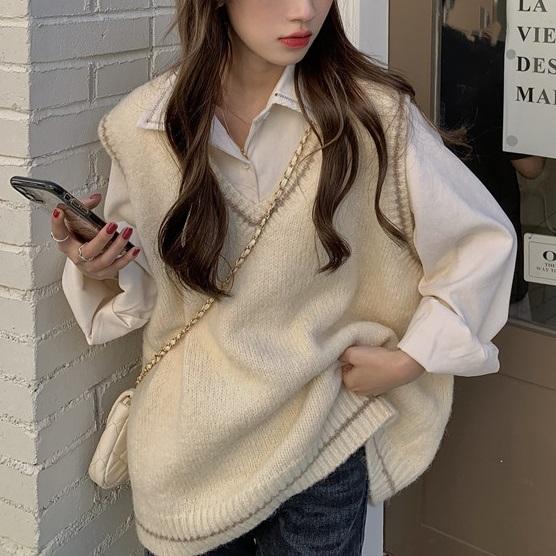 Vネックラインニット＆ルーズシャツ 4190-お取り寄せ4190-画像2-韓国ファッション通販POPREA［ポップリア］