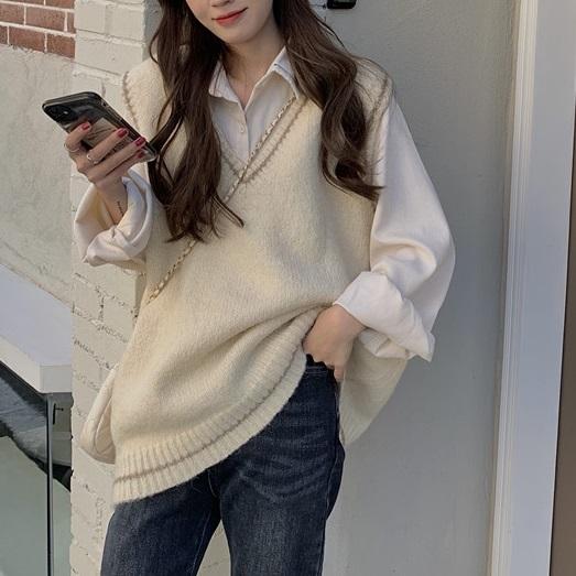 Vネックラインニット＆ルーズシャツ 4190-お取り寄せ4190-画像3-韓国ファッション通販POPREA［ポップリア］