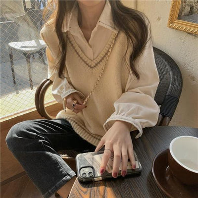 Vネックラインニット＆ルーズシャツ 4190-お取り寄せ4190-画像6-韓国ファッション通販POPREA［ポップリア］
