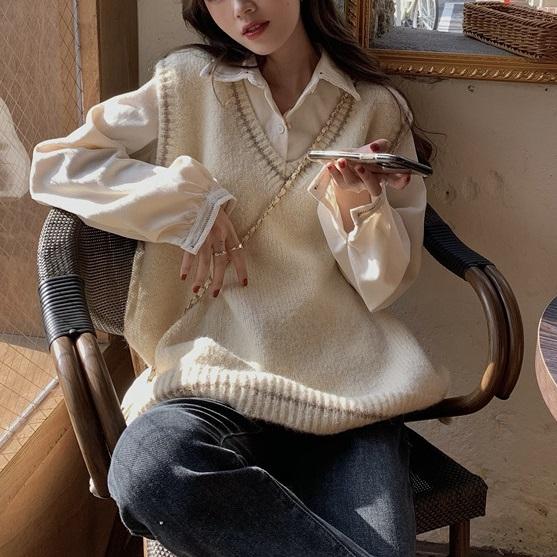 Vネックラインニット＆ルーズシャツ 4190-お取り寄せ4190-画像7-韓国ファッション通販POPREA［ポップリア］