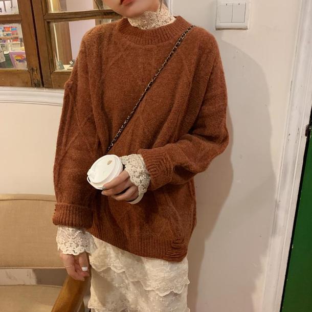 カフェカラーニット＆レースインナー 4194-お取り寄せ4194-画像3-韓国ファッション通販POPREA［ポップリア］