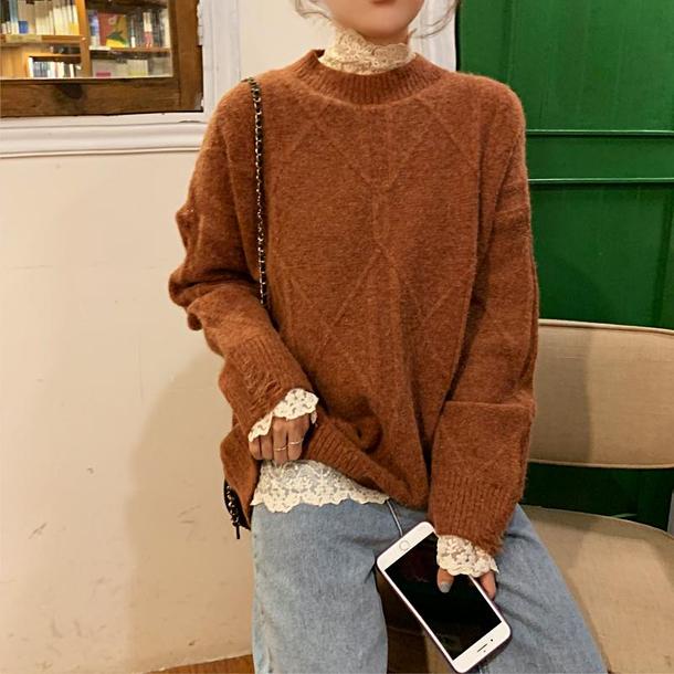 カフェカラーニット＆レースインナー 4194-お取り寄せ4194-画像5-韓国ファッション通販POPREA［ポップリア］