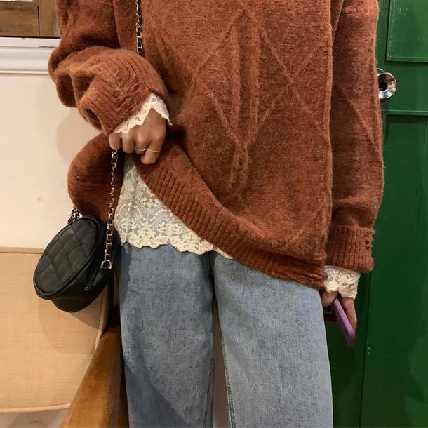 カフェカラーニット＆レースインナー 4194-お取り寄せ4194-画像7-韓国ファッション通販POPREA［ポップリア］