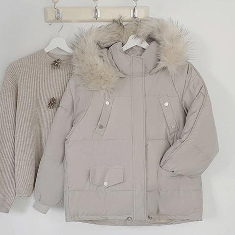フード付きファーカラーエコダウンジャケット 4212-beige/S_お取り寄せ42121-画像2-韓国ファッション通販POPREA［ポップリア］