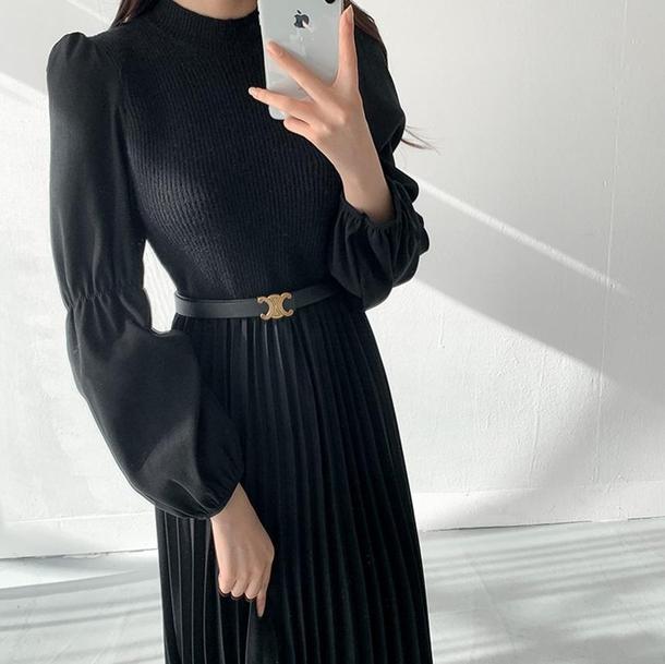 ニットドッキングワンピース 4228-black_お取り寄せ42282-画像2-韓国ファッション通販POPREA［ポップリア］