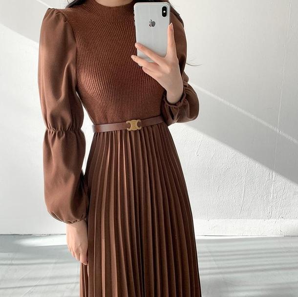 ニットドッキングワンピース 4228-brown_お取り寄せ42283-画像3-韓国ファッション通販POPREA［ポップリア］