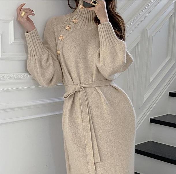 斜めボタンニットセータードレス 4244-ivory_お取り寄せ42441-画像1-韓国ファッション通販POPREA［ポップリア］