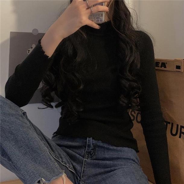 ハーフハイカラーメロウリブトップス 4259-black_お取り寄せ42592-画像2-韓国ファッション通販POPREA［ポップリア］