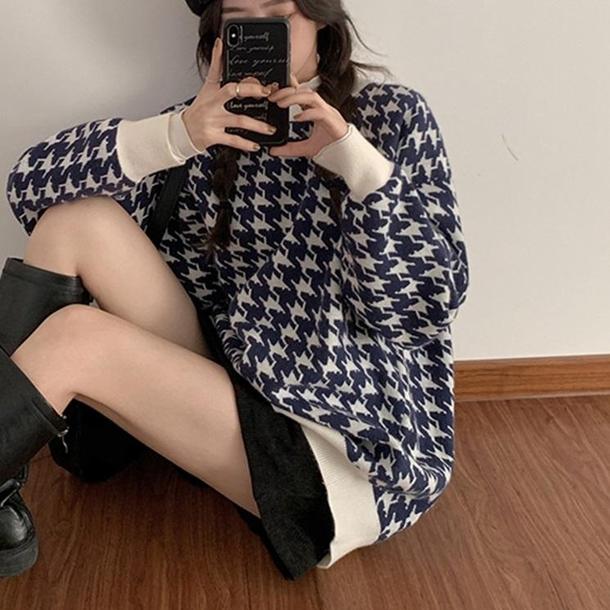 千鳥チェックニット 4290-お取り寄せ4290-画像2-韓国ファッション通販POPREA［ポップリア］