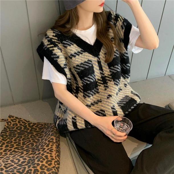 Vネックレトロチェックニット 4298-お取り寄せ4298-画像10-韓国ファッション通販POPREA［ポップリア］