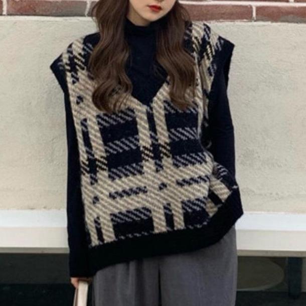 Vネックレトロチェックニット 4298-お取り寄せ4298-画像2-韓国ファッション通販POPREA［ポップリア］