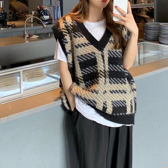 Vネックレトロチェックニット 4298-お取り寄せ4298-画像3-韓国ファッション通販POPREA［ポップリア］