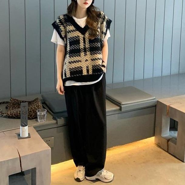 Vネックレトロチェックニット 4298-お取り寄せ4298-画像4-韓国ファッション通販POPREA［ポップリア］