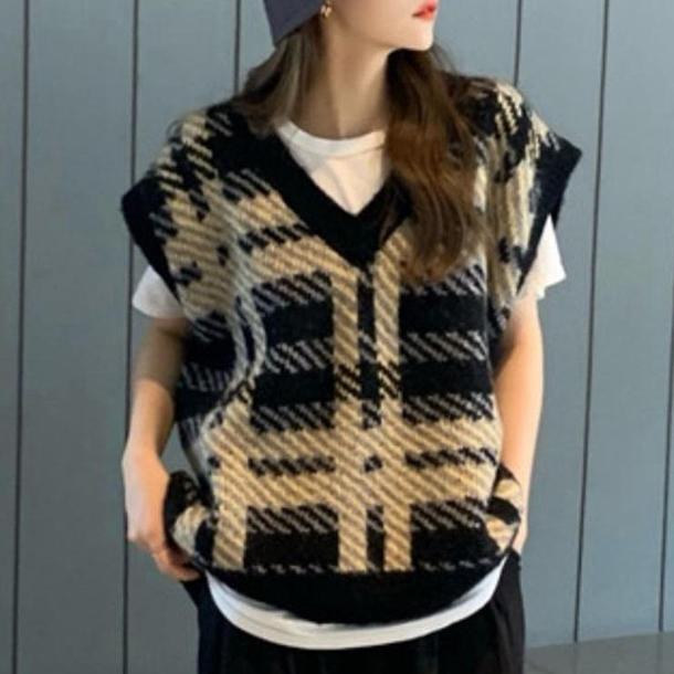 Vネックレトロチェックニット 4298-お取り寄せ4298-画像7-韓国ファッション通販POPREA［ポップリア］