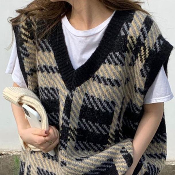 Vネックレトロチェックニット 4298-お取り寄せ4298-画像8-韓国ファッション通販POPREA［ポップリア］