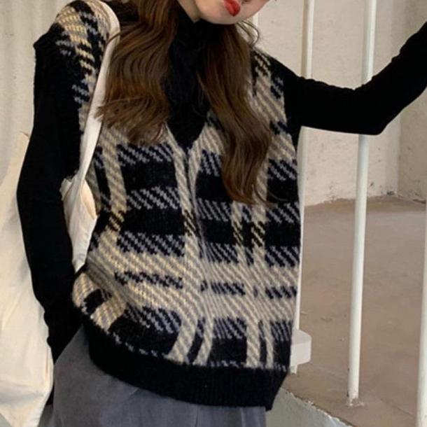 Vネックレトロチェックニット 4298-お取り寄せ4298-画像9-韓国ファッション通販POPREA［ポップリア］