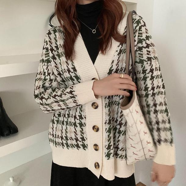 レトロ千鳥格子ニットカーディガン 4299-お取り寄せ4299-画像10-韓国ファッション通販POPREA［ポップリア］