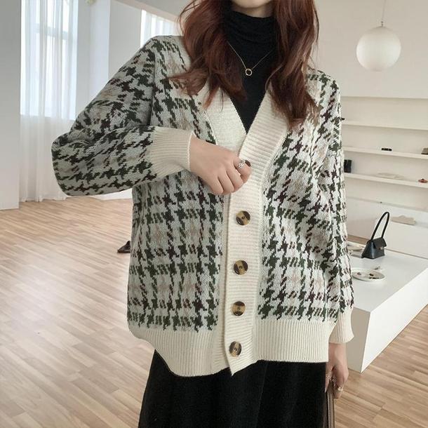 レトロ千鳥格子ニットカーディガン 4299-お取り寄せ4299-画像7-韓国ファッション通販POPREA［ポップリア］