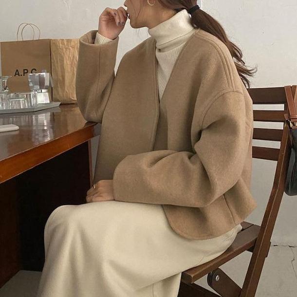 Vネックフレンチコート 4333-brown_お取り寄せ43331-画像1-韓国ファッション通販POPREA［ポップリア］