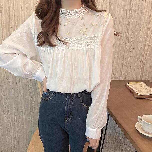 花刺繍のレース襟長袖トップ 4366-white_お取り寄せ43662-画像5-韓国ファッション通販POPREA［ポップリア］