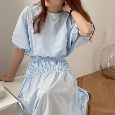 半袖パフスリーブ&ロングスカートセットアップ 4369-blue_お取り寄せ43691-画像4-韓国ファッション通販POPREA［ポップリア］